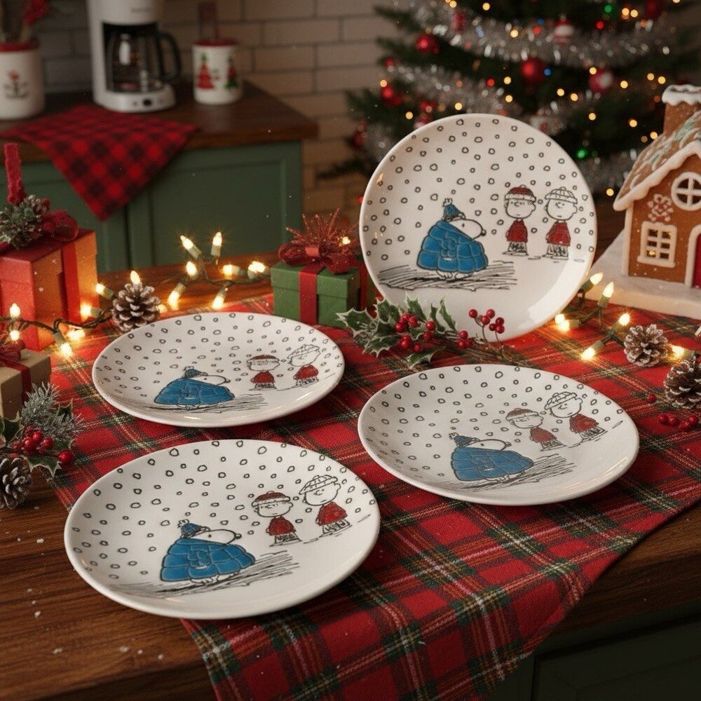 2025 Set Of 4 Peanuts Snoopy in Puffer Coat Snow 6" Appetizer Ceramic Plates NEW